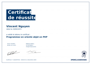 certificat PHP POO de Vincent Nguyen