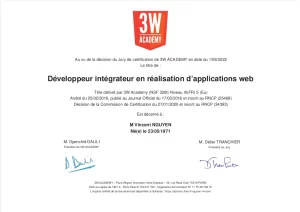 Certificat 3wacademy vincent nguyen développeur